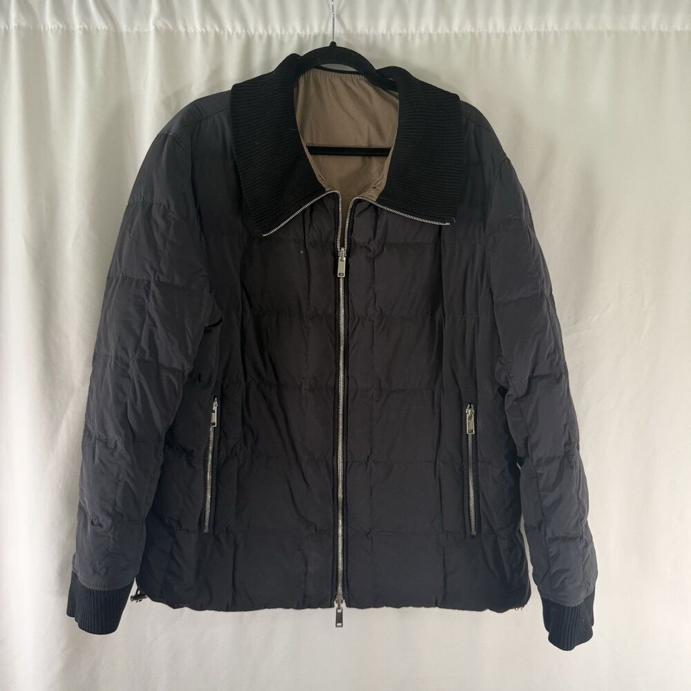 Theory Down Feather Jacket Women's XL Black Brown Reversible Puffer Zip Pockets